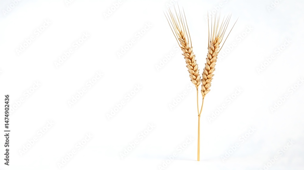 Two wheat stalks standing upright on a stark white background Two wheat stalks standing upright on a stark white background