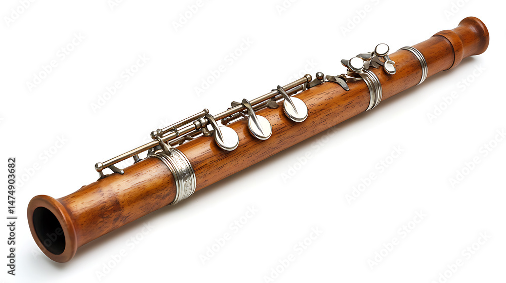 Naklejka premium A woodwind instrument with silver keys and rings showcases craftsmanship on a pristine white background.