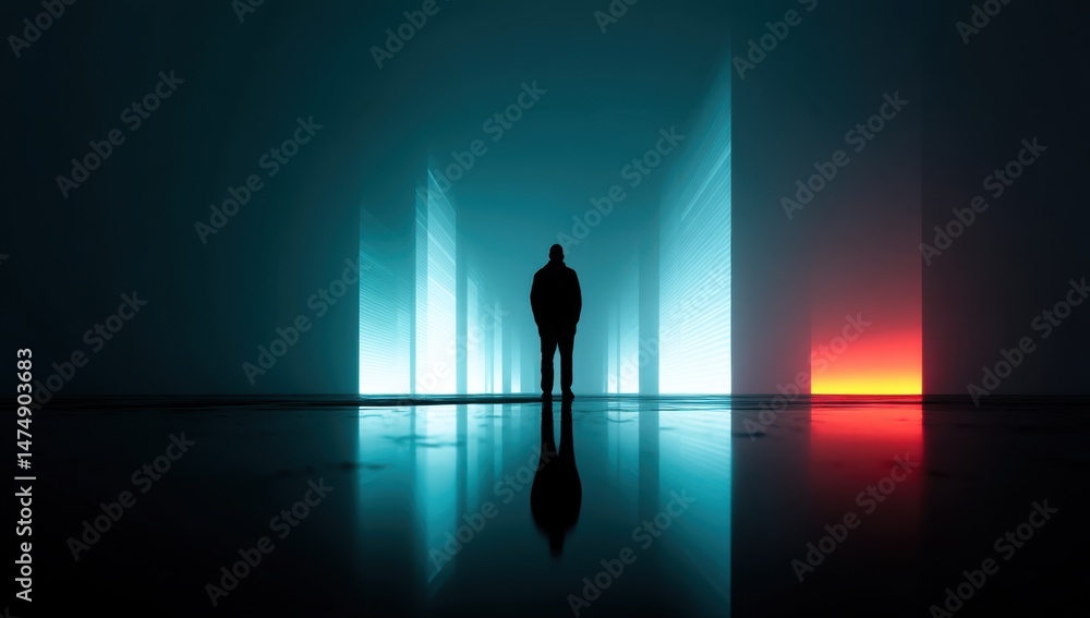 Obraz premium Silhouette in Illuminated Corridor