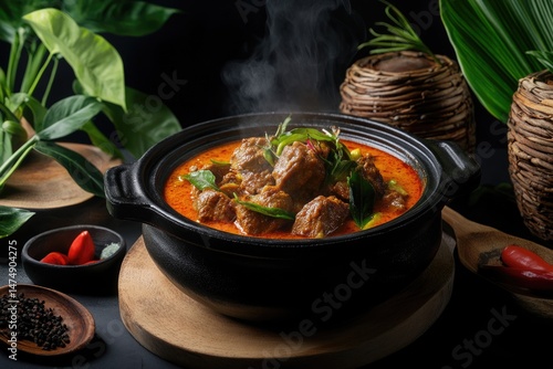 Steaming Hot Spicy Lamb Curry in Black Pot with Herbs