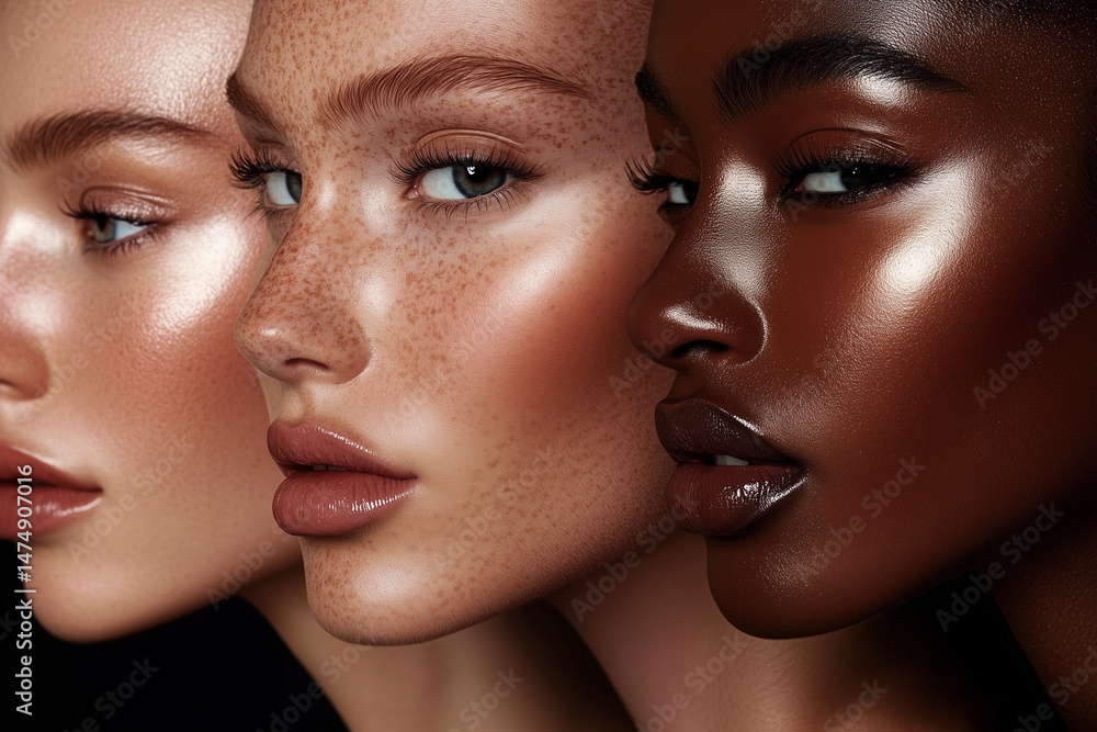 Three women with different skin tones and makeup styles are shown in a row. The first woman has a light skin tone and a natural makeup look, while the second woman has a medium skin tone Three women with different skin tones and makeup styles are shown in a row. The first woman has a light skin tone and a natural makeup look, while the second woman has a medium skin tone