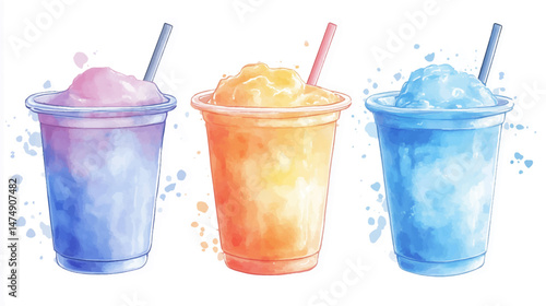 Vector illustration, watercolor paint of set of slushie drink with a straw in a container surrounded by splashes of color highlighting