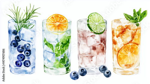 Vector illustration,  watercolor paint of set summer cocktail glasses on a white background