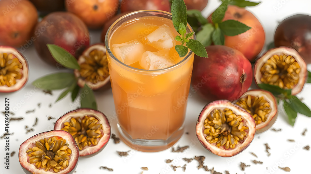 A vibrant glass of iced passion fruit drink A vibrant glass of iced passion fruit drink