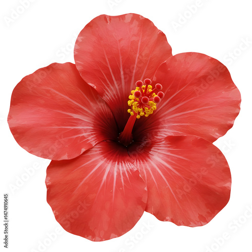 Vibrant red hibiscus flower in full bloom, showcasing its intricate details against a . 3d rendering isolated on white background. Cartoon plastic style