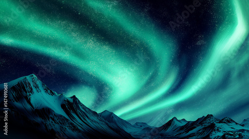 Vibrant green and purple aurora dancing over snowy peaks, a celestial spectacle of nature's magic.
