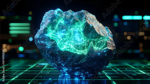 Illuminated rock glows intensely atop futuristic digital interface