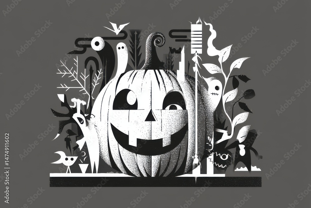 Fototapeta premium Halloween pumpkin carved with a grinning face surrounded by a ghostly figure in a spooky minimalist setting