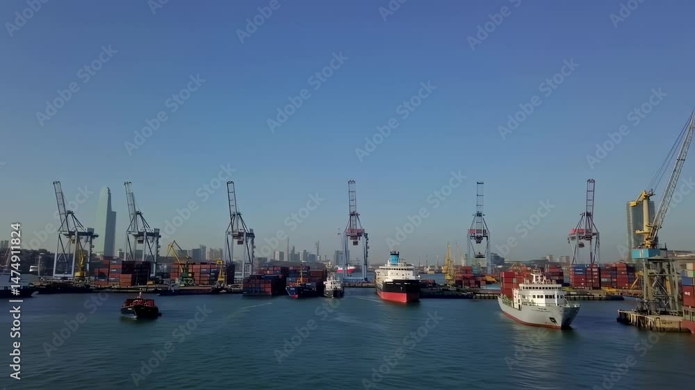 A bustling harbor filled with a number of cranes actively loading numerous containers onto ships, all under sunny and clear skies A bustling harbor filled with a number of cranes actively loading numerous containers onto ships, all under sunny and clear skies