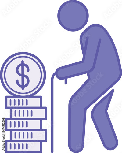 Colored Retirement Icon. Pensioner and a Stack of Dollar Coins. Personal Finance Concept