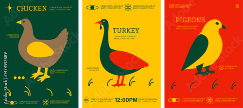 Minimalist Bird Poster Set, Featuring bold illustrations of chickens, turkeys, and pigeons in striking green, yellow, and red tones