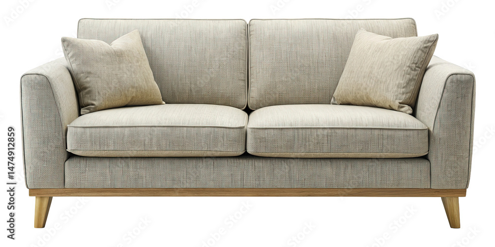 Fototapeta premium Comfortable twoseater sofa with neutral upholstery and coordinating throw pillows