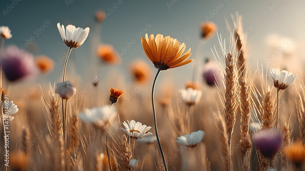 Obraz premium Bright Wildflowers in Golden Wheat Field Under Soft Morning Light