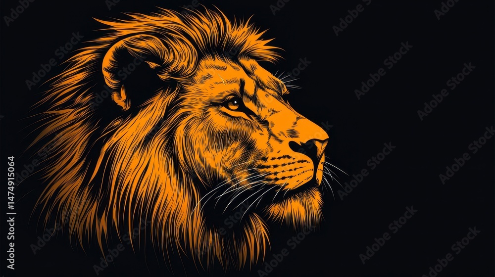 Fototapeta premium Majestic lion head, detailed mane, side profile, golden color on black background