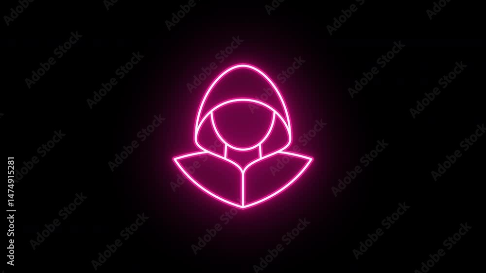 Neon hacker icon, flickering emergence and fading. Glowing neon cyber thief icon, looped animation. Hacker with hood, scammer, data theft, hacking account, internet scam. Red pink magenta colors