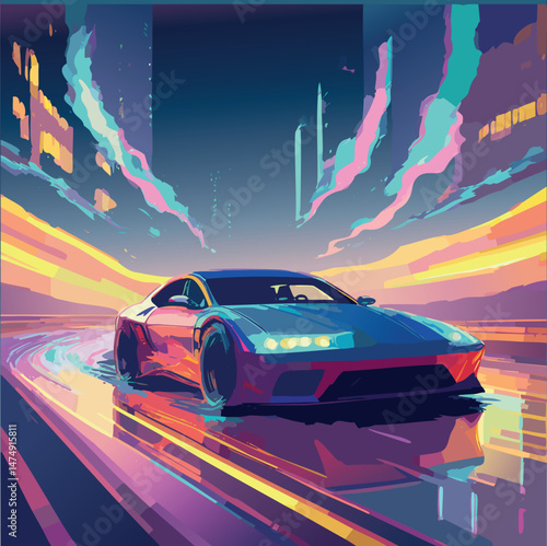 High-speed night driving scene, the Car goes straight through a curve, rear tires emitting smoke, cinematic motion blur on background