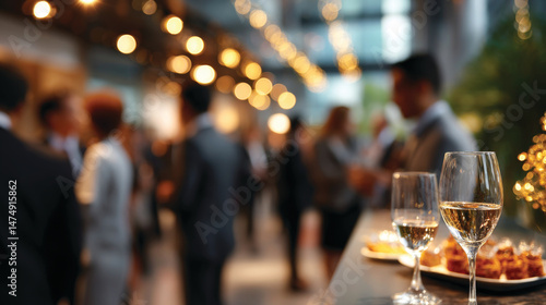 Blurred shot of business people at party or corporate event in office center 