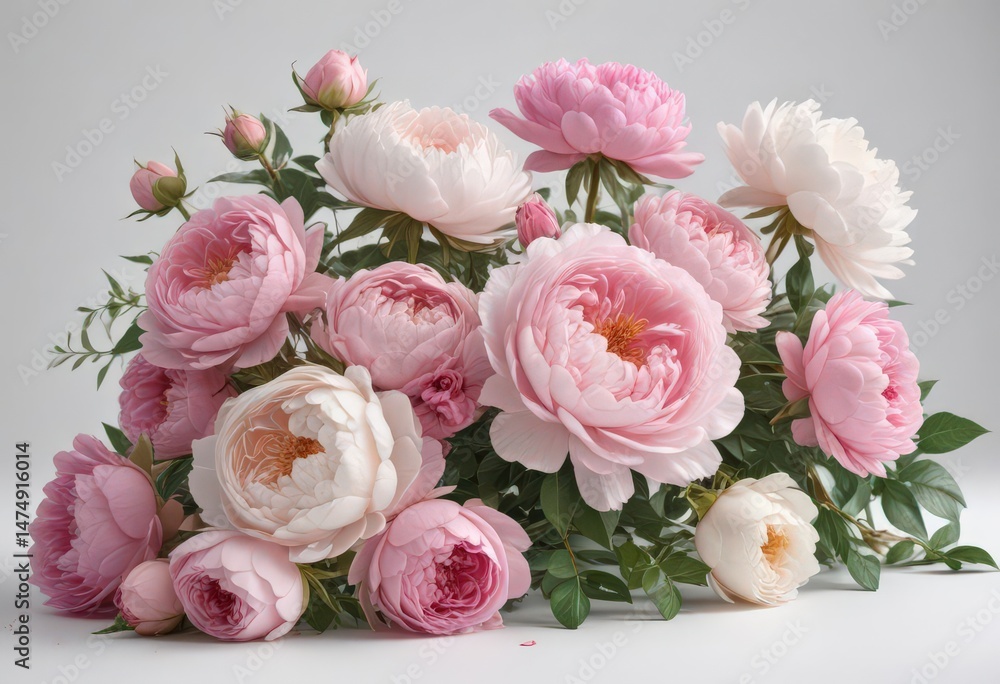 Luxurious pink rose and peony arrangement White background, copy space , copy space, closeup, summer Luxurious pink rose and peony arrangement White background, copy space , copy space, closeup, summer