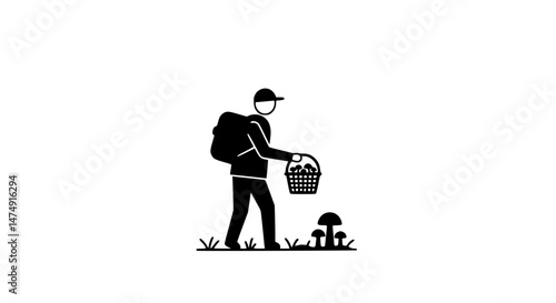 Man picking mushrooms black and white icon