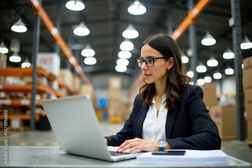 Young woman sitting at a desk in a warehouse.