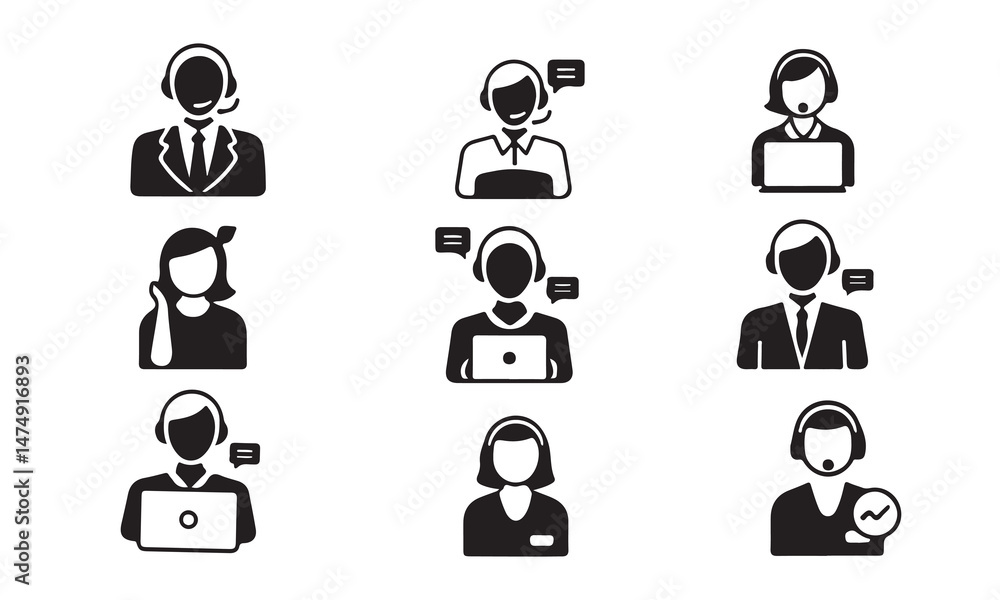 A set of black and white, flat design icons depicting various customer service representatives in different poses and scenarios. on white A set of black and white, flat design icons depicting various customer service representatives in different poses and scenarios. on white