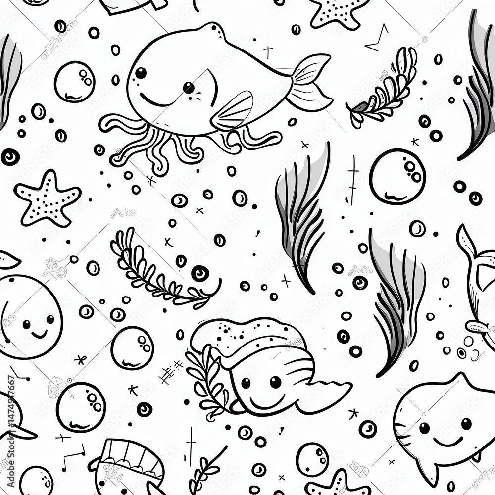 Fototapeta premium seamless minimal doodle pattern of abstract sea creatures and coral shapes, soft beige and aqua color palette