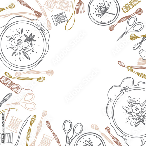 Hand-drawn  embroidery set. Hoops, floss and needles, threads, scissors. Vector background. Sketch illustration