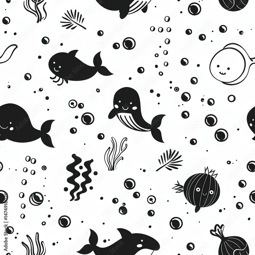 Fototapeta premium seamless minimal doodle pattern of abstract sea creatures and coral shapes, soft beige and aqua color palette