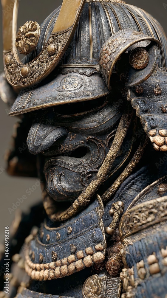 Obraz premium Ornate traditional samurai armor with intricate golden detailing and helmet crest.