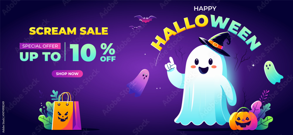 Fototapeta premium Spooky Halloween festive banner for sale 10% off with cute ghost spirit, bats, scary pumpkin, and shopping bag on an bright purple background. Halloween Sale Promotion Poster template. Halloween Party