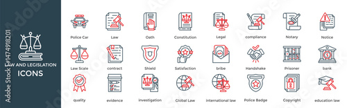 Law and legislation icon set. Containing Law, Oath, Constitution, Legal, compliance