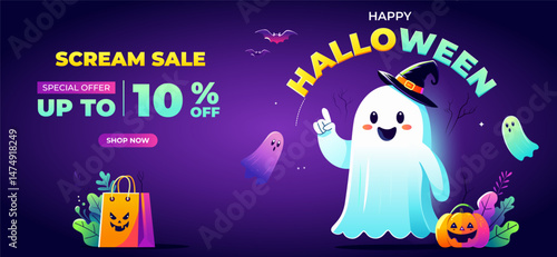 Spooky Halloween festive banner for sale 10% off with cute ghost spirit, bats, scary pumpkin, and shopping bag on an bright purple background. Halloween Sale Promotion Poster template. Halloween Party