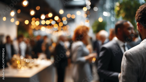 Blurred shot of business people at party or corporate event in office center 