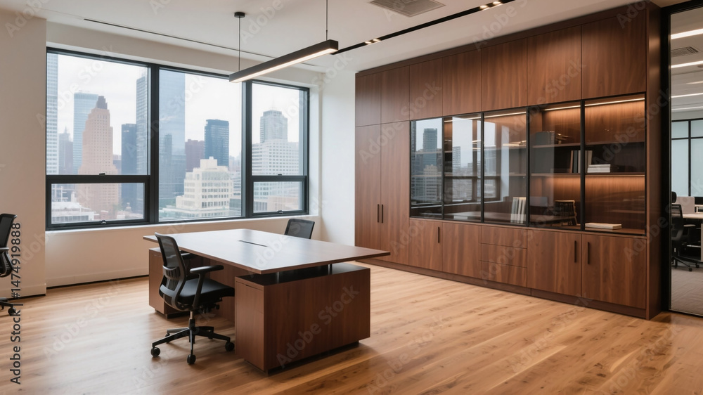Fototapeta premium Modern glass walled cabinet in open space office with wooden floors, brown furniture, and natural light. Ideal for contemporary workspace and interior design themes.