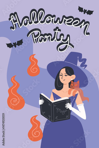 Flat Style Halloween Poster Featuring a Witch Reading a Spellbook and a Ghost