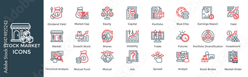 stock market icon set. Containing Dividend Yield, Market Cap, Equity, Capital, Portfolio