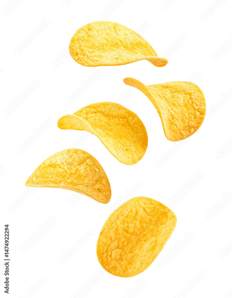 Naklejka premium Crispy Golden Potato Chips in Mid Air