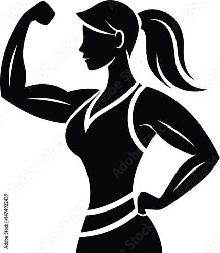 Vector illustration of a strong athletic woman flexing her bicep demonstrating fitness and strength in silhouette