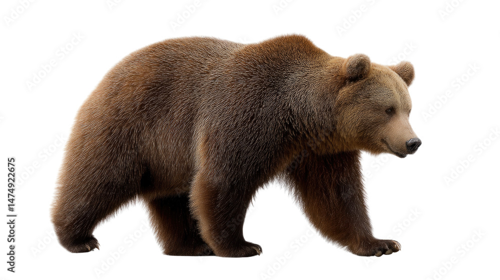 Fototapeta premium Majestic Bear in Motion: A striking image captures a powerful bear in its full glory. The bear, a symbol of strength and resilience, walks with purpose. Its presence commands attention.