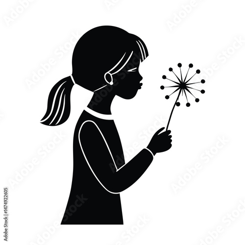 Silhouette of a young girl blowing dandelion seeds symbolizing childhood dreams and nature's beauty against white background