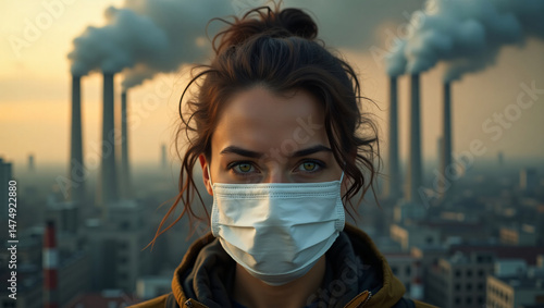 A concerned individual wearing a mask in an environment affected by pollution