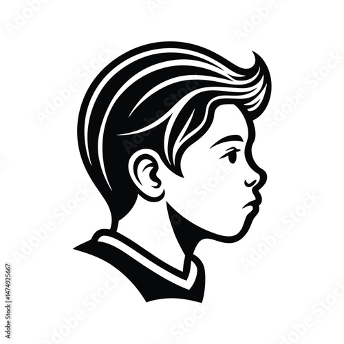 Silhouette portrait of a young boy facing left with stylish hair and classic black and white design