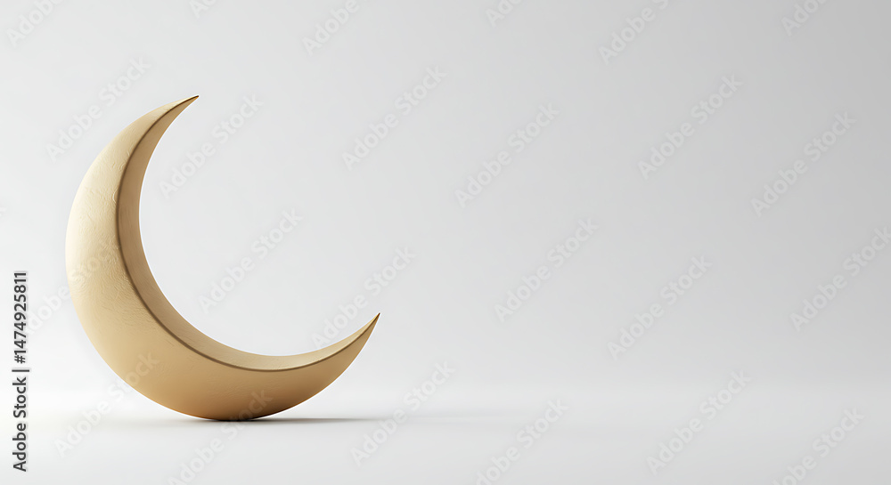 Obraz premium Golden Crescent Moon 3D Render, minimalist composition for Islamic holidays, Ramadan, Eid, spiritual themes, greeting cards and web design