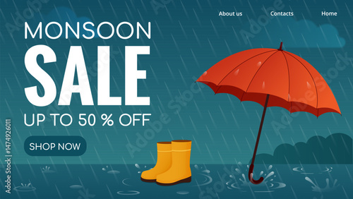 web banner for summer monsoon sale, horizontal template with umbrella and rain for discount