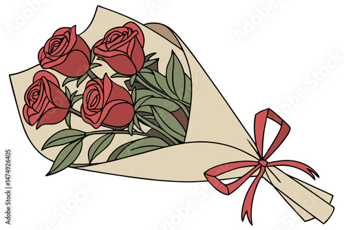 78 a bouquet of red roses, wrapped in brown craft paper, with a red ribbon bow, elegant floral arrangement, detailed high resolution, realistic, flowers, natural lighting, studio shot