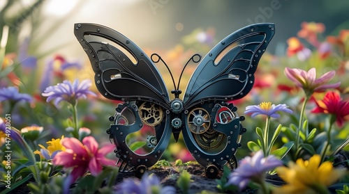 Mechanical Butterfly with Gears in Colorful Flower Garden – Futuristic Steampunk Insect Design