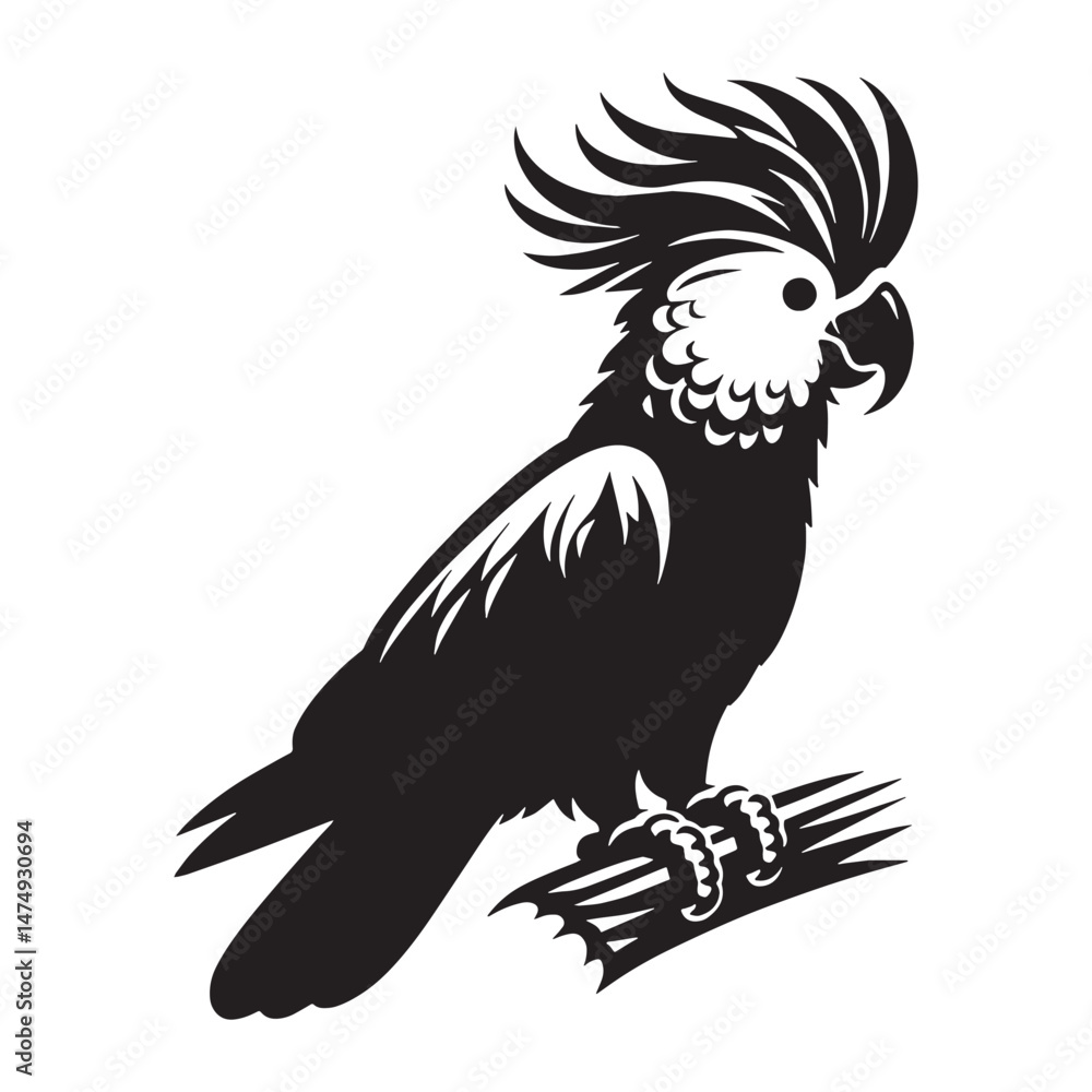 Obraz premium Free-Spirited Cockatoo silhouette with dynamic wings – Cockatoo illustration – Minimalist Cockatoo vector – Bird silhouette