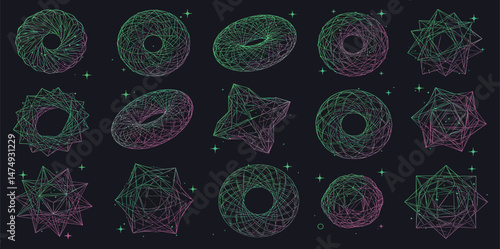 Vector graphic assets set in acid style, retro futuristic background with wireframe elements of different forms, bold modern shapes for design template, poster, stickers, banner in Y2k style