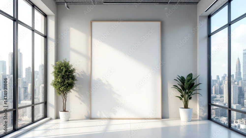 Fototapeta premium Modern Office Interior with Large Blank Canvas City View