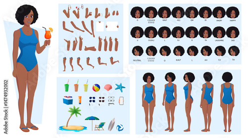 Black Woman Wearing swimsuit Character creation and Animation Pack, lip sync, side, front and back view with Accessories summer Vector Illustration